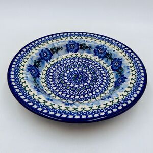 Polish Pottery Anna Pasierbiewic Blue Floral Rimmed Serv Bowl #595 Signed 9.5 In